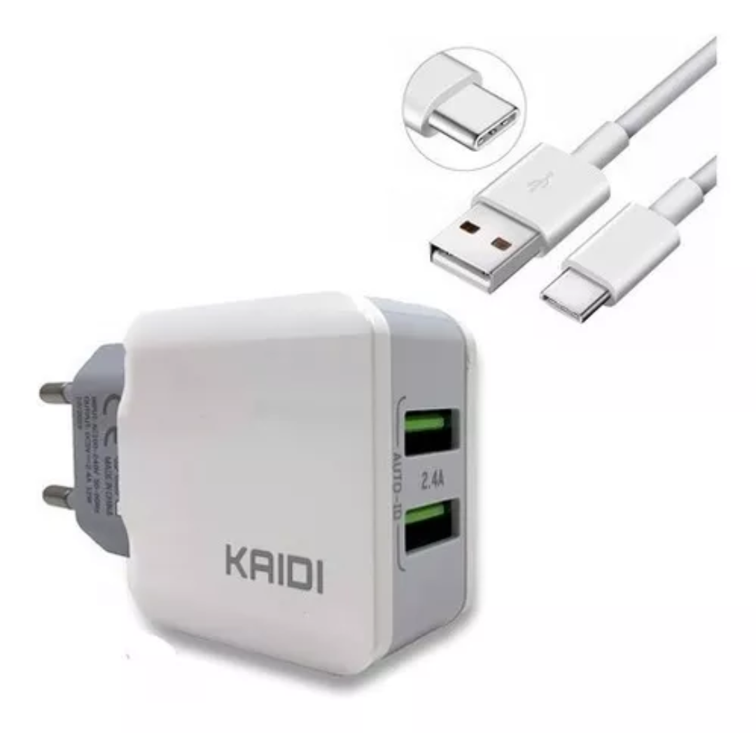 Carregador Kaidi Turbo Celular Smartphone 2 Usb Cabo Tipo C Cor Branco